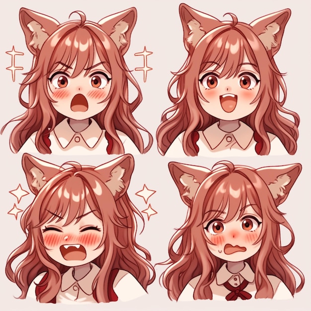 anime character with different expressions of a cat girl with different facial expressions generative ai