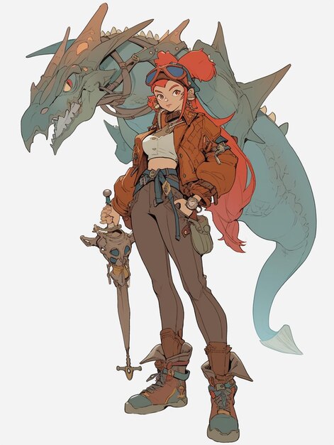 Photo anime character with a dragon and a woman holding a sword generative ai