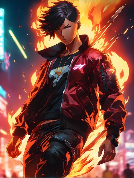 Premium AI Image  Anime character with a fire background expressing  aggression and anger illustrating inner power