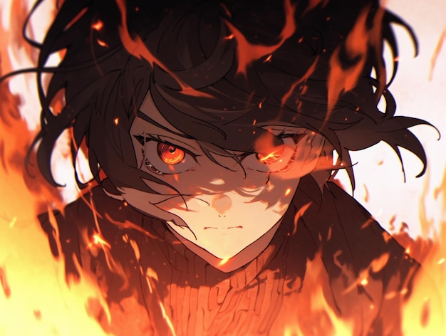 Dark anime character with glowing eyes in fiery surroundings