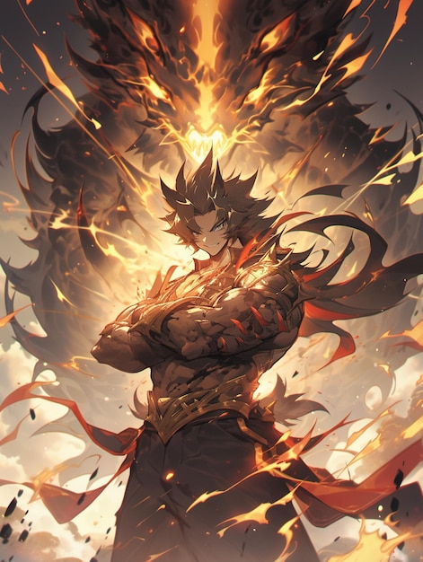 Premium AI Image  Anime character with a fire background expressing  aggression and anger illustrating inner power