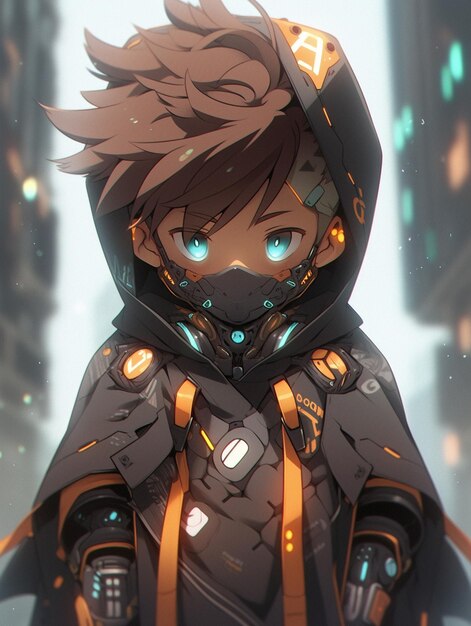 Premium AI Image | Anime character with futuristic armor and glowing eyes  in a city generative ai
