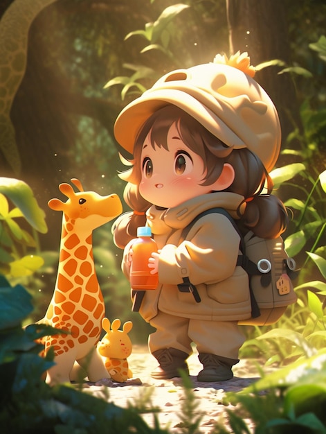 Anime character with a giraffe and a backpack in a forest generative ai