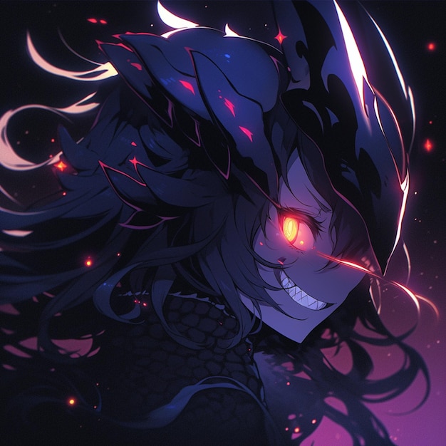 Anime character with glowing eyes and long hair in front of a dark background generative ai