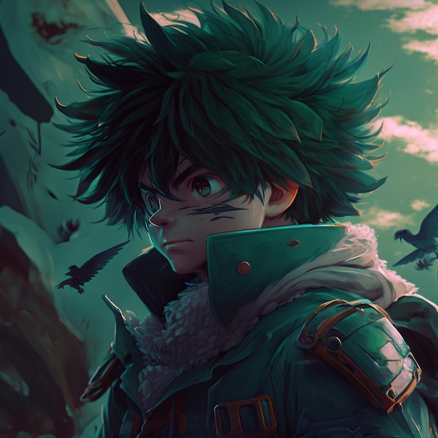 Anime character with green hair and a green jacket generative ai