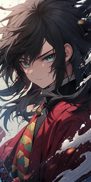 anime character with long black hair and blue eyes holding a sword generative ai