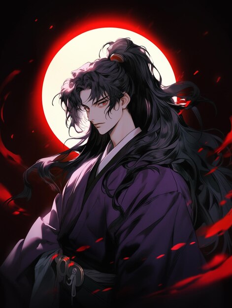 Anime character with long hair and a full moon in the background generative ai