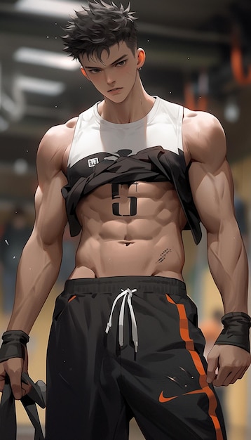 Anime character with a muscular body and no shirt holding a bag generative ai