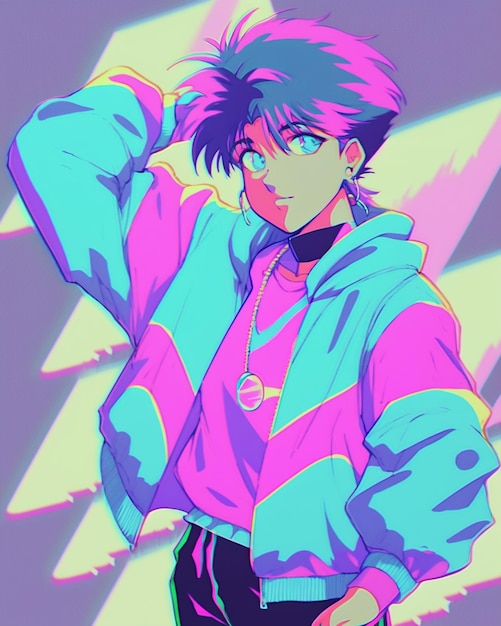 Anime character with neon colors and a pink shirt