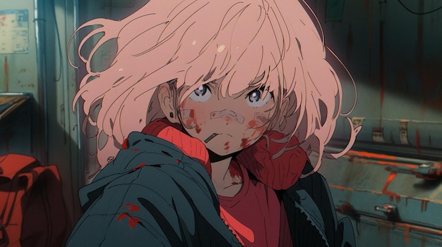 Anime character with pink hair and blood on face in a dark room generative ai