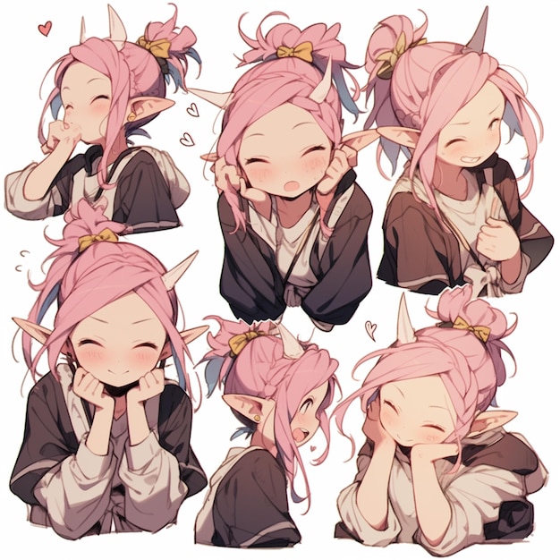 Anime character with pink hair and ears sitting on the ground generative ai