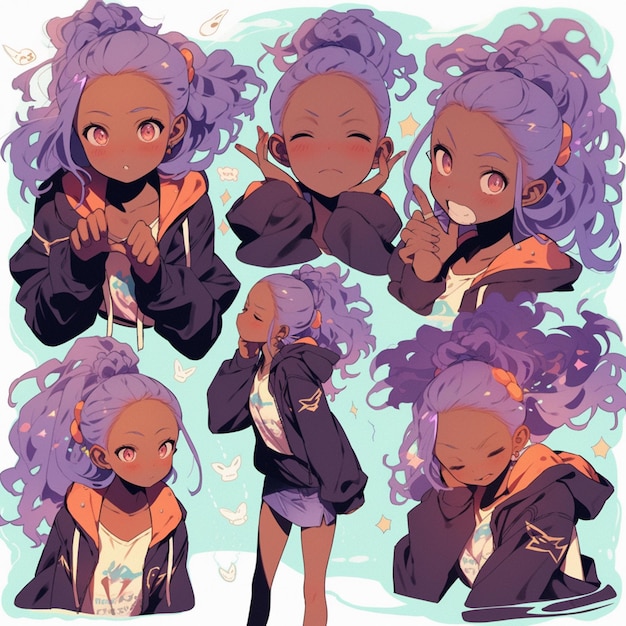 Персонаж аниме с фиолетовыми волосами и фиолетовыми волосами в разных позах, генеративный ай