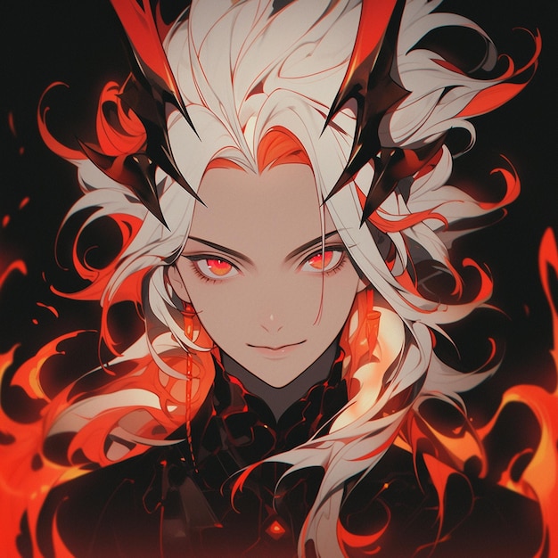 Anime character with red eyes and white hair in front of a black background generative ai
