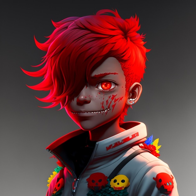anime character with red hair and red eyes and a skull on his face generative ai