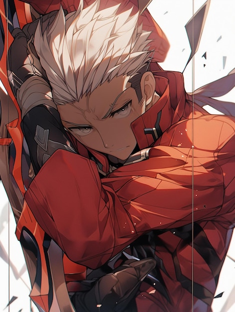 Anime character with a red jacket and white hair.