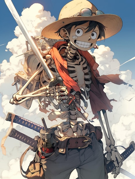 Anime character with a skeleton and a hat holding a sword generative ai