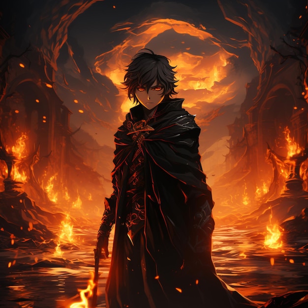 Anime character with sword in a dark cave with flames generative ai