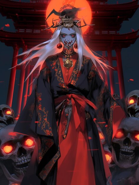 anime character with white hair and red eyes standing in front of a red gate generative ai