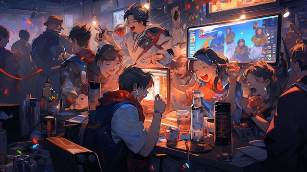 写真 アニメのキャラクターがドリンクを飲みながらバーの周りに集まっている生成ai