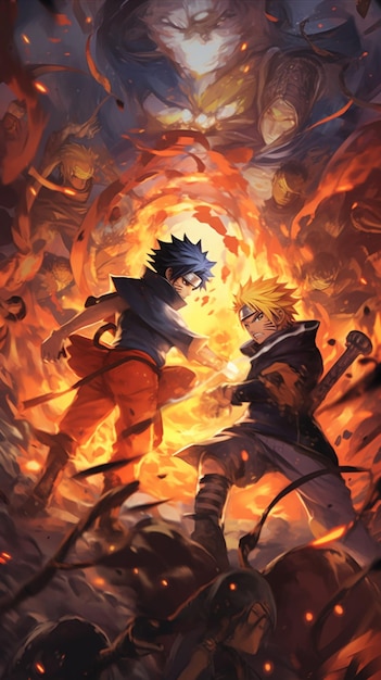 Anime characters fighting in a fire circle with flames generative ai