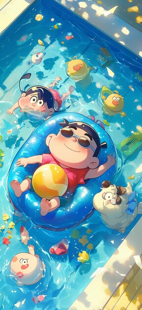 anime characters floating in a pool with a floatie in the water generative ai