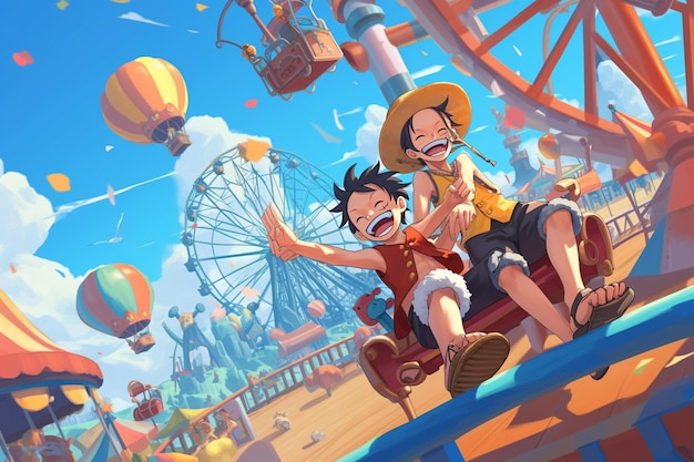 Photo anime characters riding on a roller coaster in a carnival generative ai