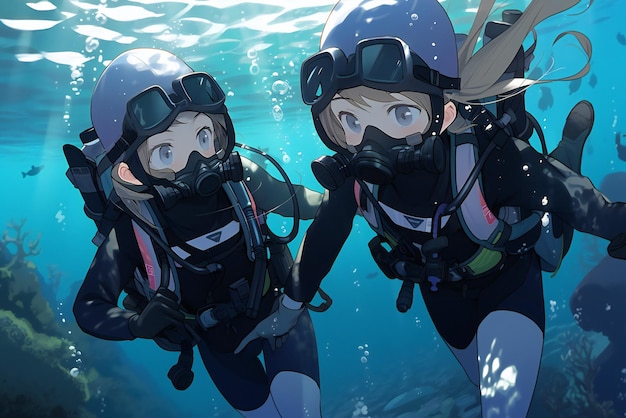 바닥에 "anime"이라는 단어가 있는 물속에서 수영하는 애니메이션 캐릭터.