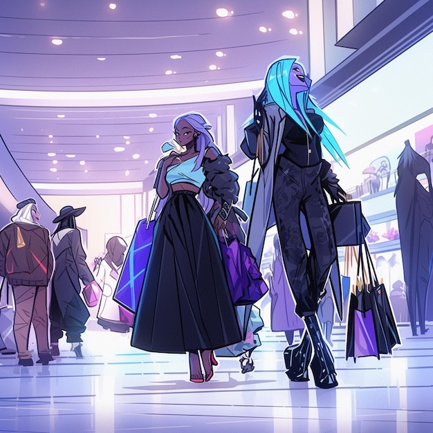 Anime characters walking in a mall with shopping bags generative ai