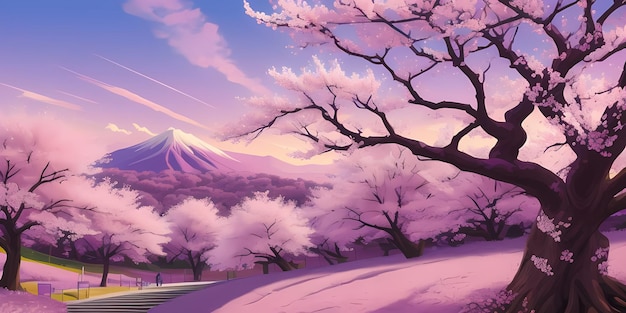 Anime cherry blossom forest scenic japanese pink sakura trees mount fuji lake reflection day sky