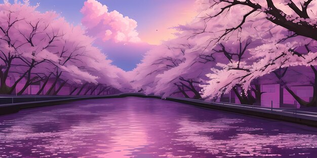 Anime cherry blossom forest scenic japanese pink sakura trees mount fuji lake reflection day sky