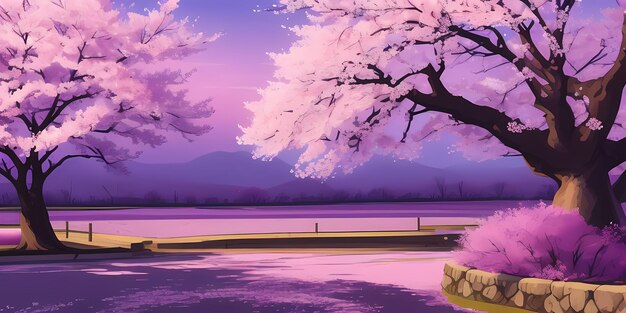 Anime cherry blossom forest scenic japanese pink sakura trees mount fuji lake reflection day sky