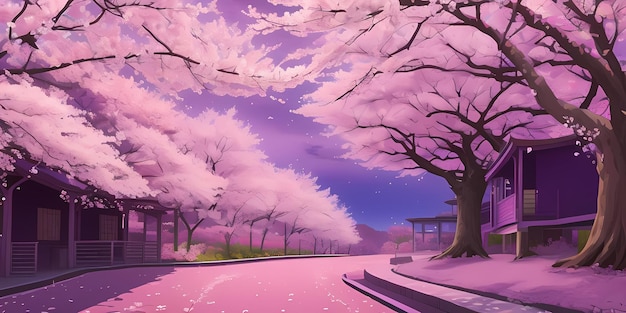 Anime Cherry Blossom Forest Scenic Japanese Pink Sakura Trees Mount Fuji lake reflection day sky