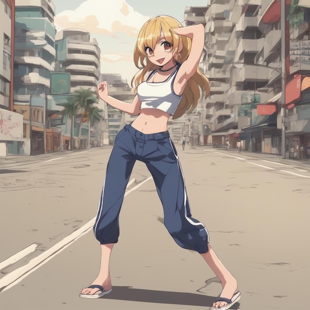 Anime Chica Feliz Modelando Sus Piernas En La Ciudad Con Una Playa Y Pantaln (Chica Feliz Modelleert Met Haar Voeten In De Stad Met Een Playa En Pantaln)