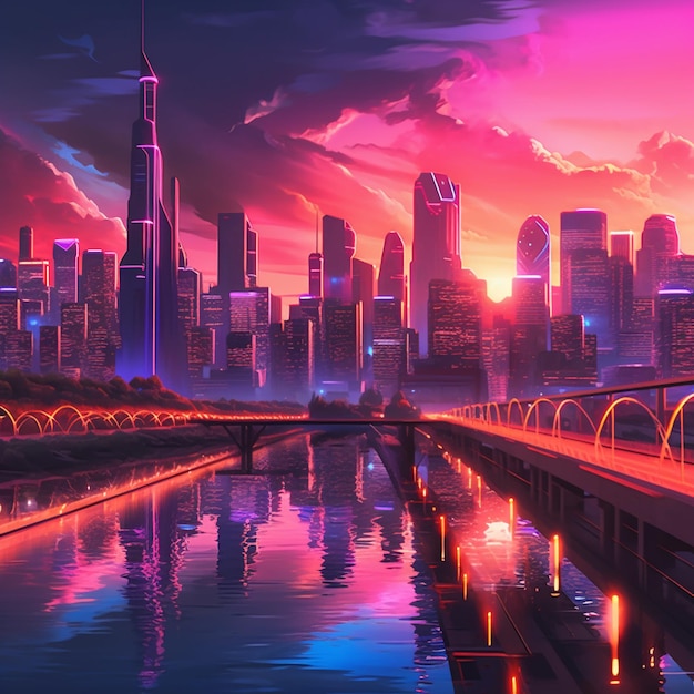 Anime city skyline with a bridge and a river at sunset generative ai