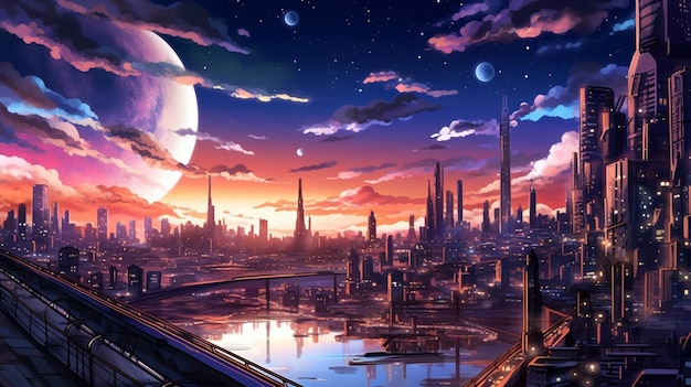 Anime city skyline with a full moon and a river generative ai