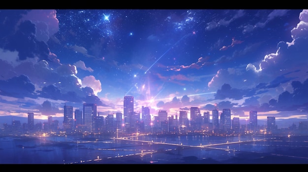 Anime city skyline with stars and clouds at night generative ai