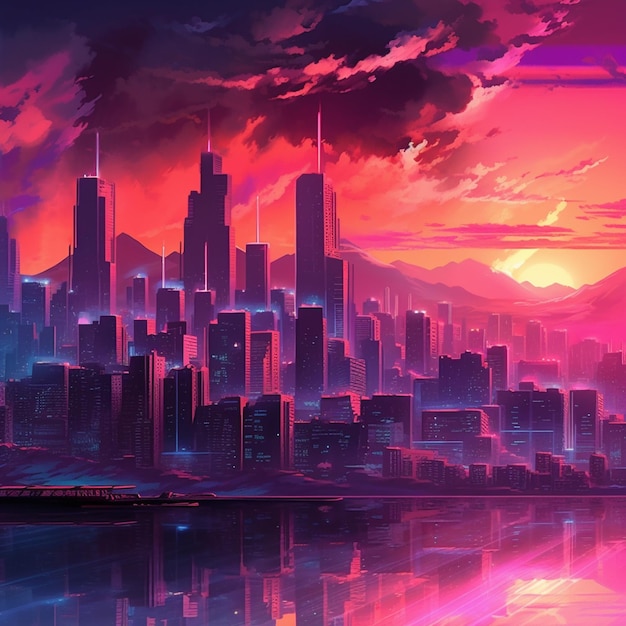 cityscape anime wallpaper captures the beauty and majesty of a city skyline  at sunset, with the warm glow of the setting sun casting a golden light  over the urban landscape. Stock Illustration |