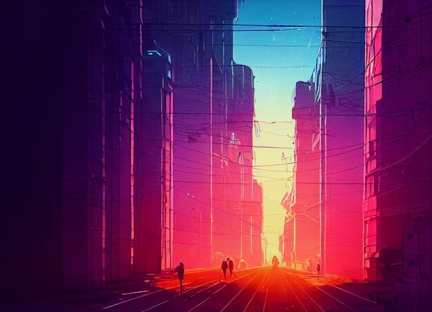 Anime city street scene with people walking on the street at sunset generative ai