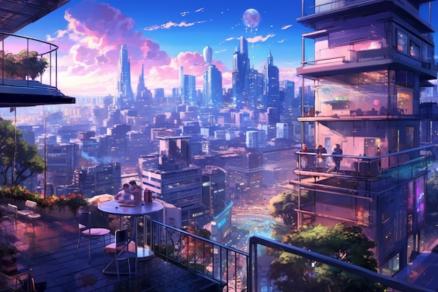 anime city with a balcony and a balcony chair overlooking a city generative ai