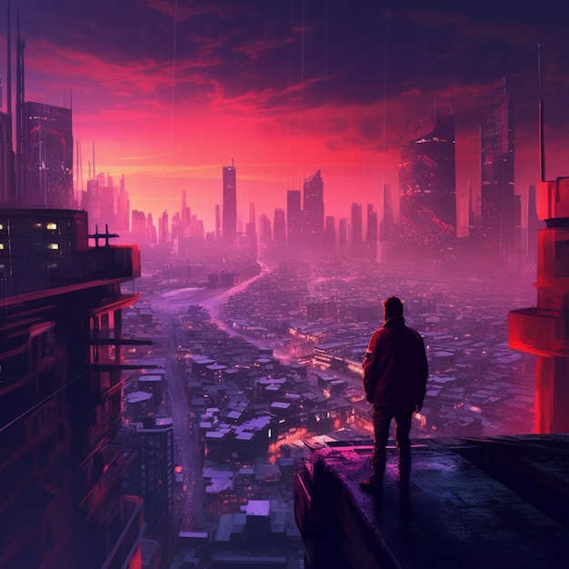 Teenager Standing on a Roof in Cyberpunk City Illustration Wallpaper  Generative AI Stock Illustration