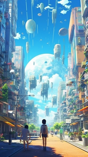 feeling free and flying, anime girl flying over a city, peaceful manga artwork, generative ai technology Stock Illustration