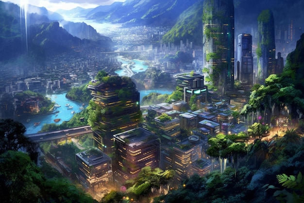 생성 AI를 배경으로 강과 산이 있는 애니메이션 도시