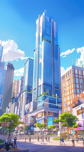 anime city with tall buildings and people walking around generative ai