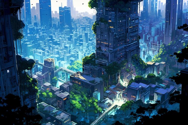 anime city with a tall tower and a lot of trees generative ai