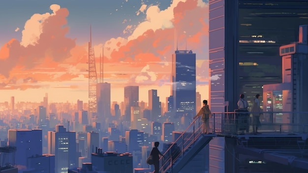 Anime cityscape with a man on a balcony overlooking a city generative ai