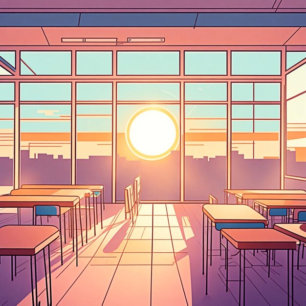 Anime Classroom Background without People at Sunset in The Afternoon Scene