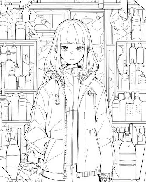 Foto anime coloring page black and white line art del popolare personaggio femminile asiatico della scena manga