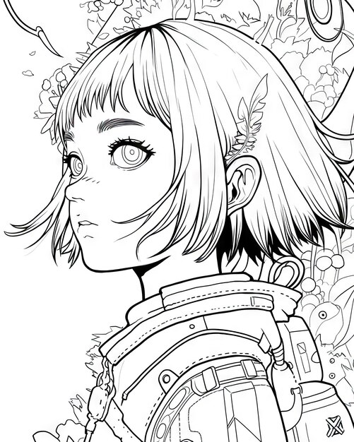 Photo anime coloring page black and white line art of popular asian female character from manga scene