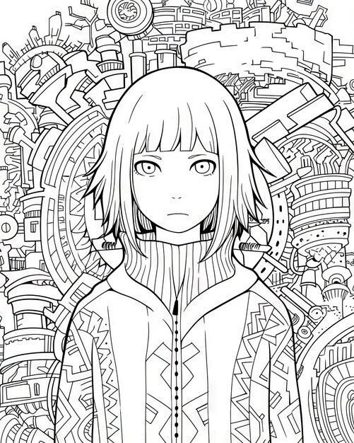 Photo anime coloring page black and white line art of popular asian female character from manga scene