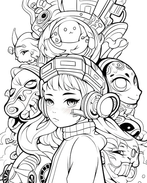 Anime Coloring Page Black and White Line Art of Popular Asian female Character from Manga Scene